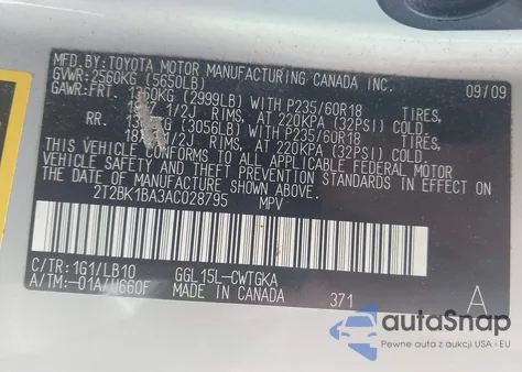 2010 Lexus Rx 350 z USA, uszkodzony, nr VIN 2T2BK1BA3AC028795